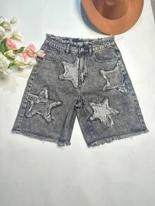 Calções casuais de ganga femininos de perna reta com remendo de estrela, bainha desfiada, bolsos com fecho, estilo fofo para festa, sem elasticidade - Cinza - Ver 4