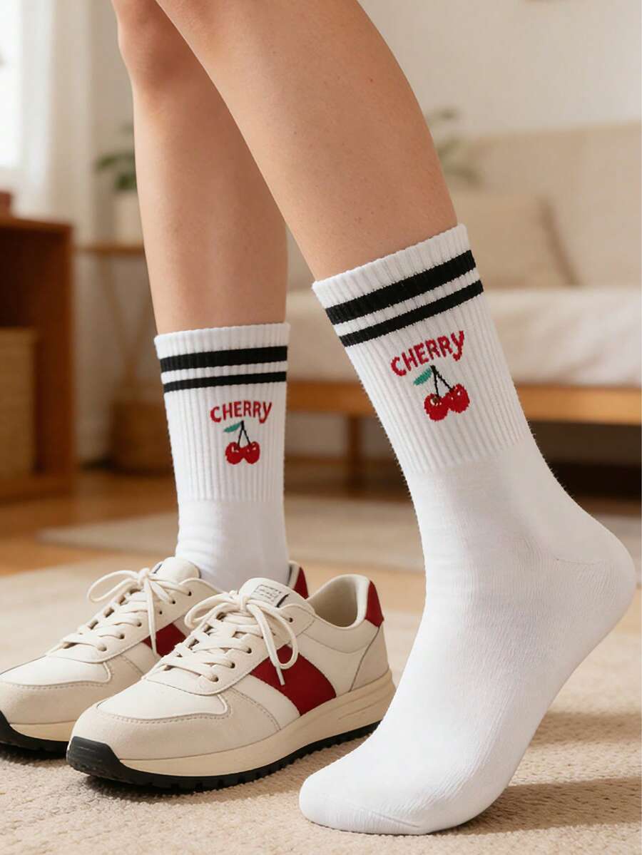 1 par de calcetines con estampado de cerezas lindos para mujeres, adecuados para estudiantes escolares y vida diaria, otoño - Rojo - Ver 1