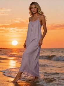 Women's Sexy Backless Solid Color Spaghetti Strap Maxi Dress, Loose Sleeveless Empire Style Dress, 2026 Summer New Arrival - 淺紫 - 查看 2