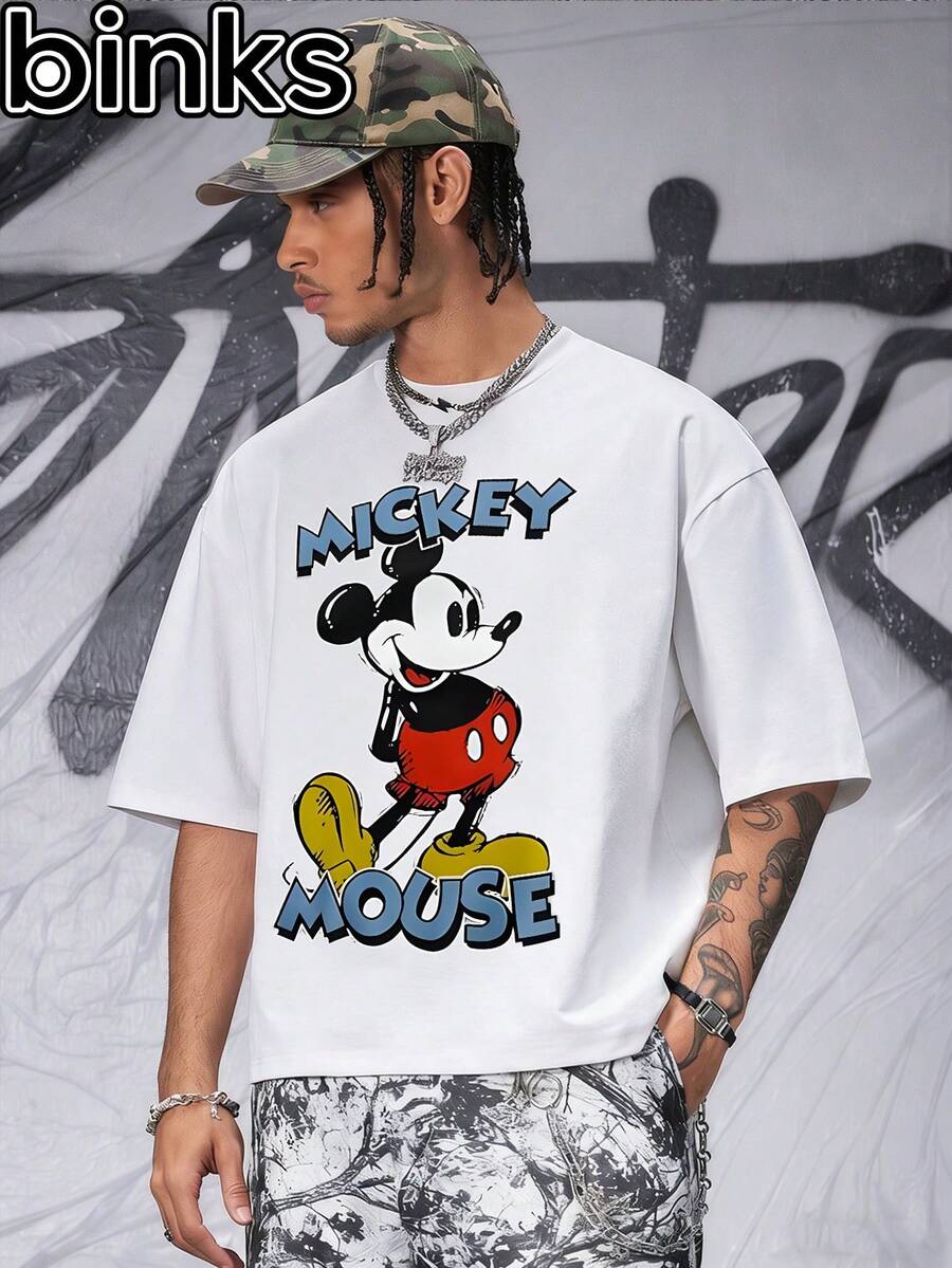 Disney Binks Mickey Mouse Cartoon Printed Short Sleeved T-Shirt, A Fashionable And Loose Short Sleeved T-Shirt For The Streets. Spring And Summer Fashionable Versatile Top, Holiday Gift, Vintage Print. - 白色 - 查看 1