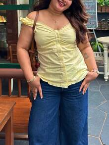 Women Y2k Fairy Grunge Shirts Puff Sleeve Button-Up Ruffle Hem Babydoll Tops Coquette Aesthetic Tee Shirt - Yellow - View 4