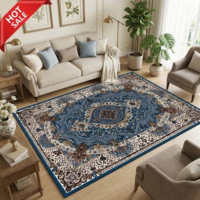 1pc Persian Style Classic Floral Pattern Printed Carpet, Vintage Oriental Design With Delicate Border, Suitable For Living Room & Bedroom, Anti-Slip Soft Shaggy Area Rug Home Decor