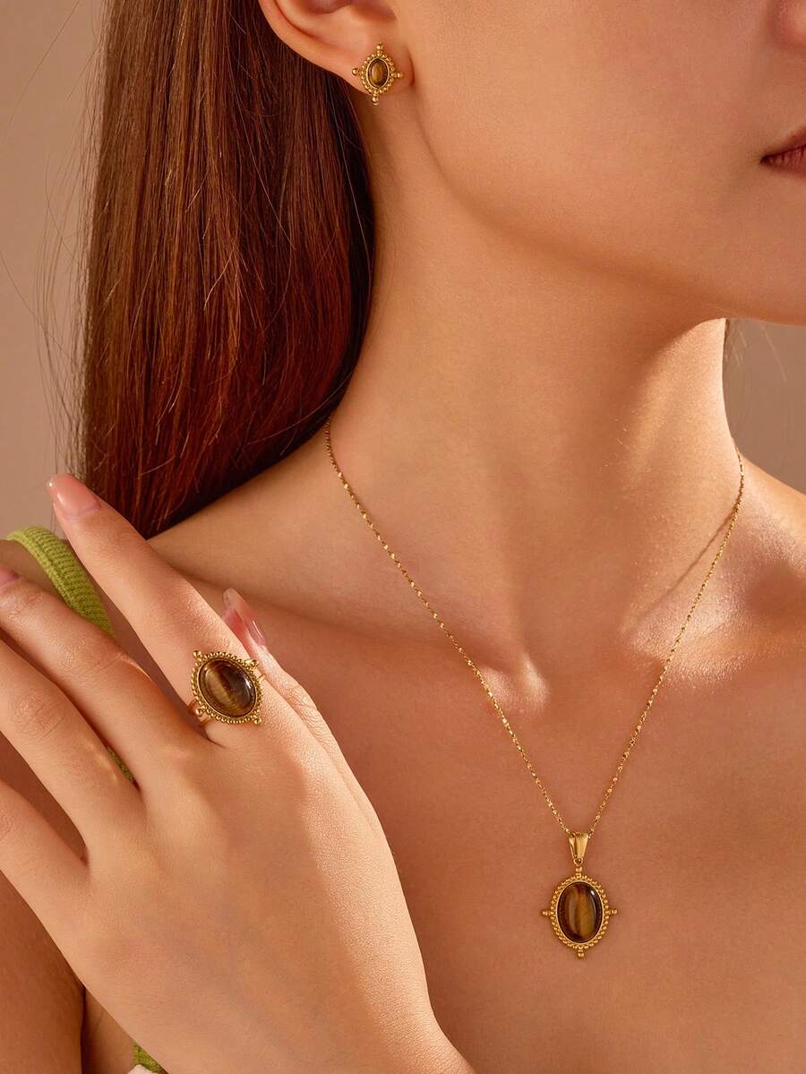 4pcs Stainless Steel Vintage Tiger Eye Jewelry Set, Suitable For Women Wear Or Gift - Yellow Gold - View 1