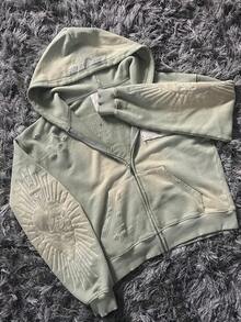 Zipper Hoodie With Patch Pattern And Wing | Street Hooded Sweatshirt, Casual Couple Outfit, Fashion Urban Style, Distressed Design Long Sleeve Jacket, Hip Hop Clothing, Suitable For Daily Wear, Autumn Winter Top - 綠色 - 查看 4
