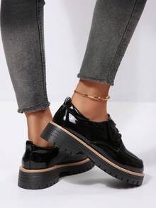 Giày lười nữ đế dày, mũi tròn, da bóng màu đen, thích hợp đi làm hàng ngày, đi học, phù hợp cho mọi mùa. - màu đen - Xem 6
