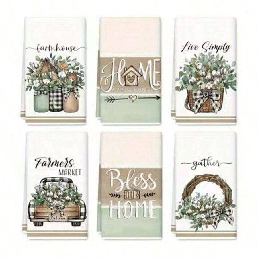 6pcs Green Plant & Floral Kitchen Towels, Dish Cloths, Cleaning Rags, Super Soft & Highly Absorbent, Kitchen Decor, Kitchen Accessories, Decorations, Household Necessities, Kitchen Essentials, Home Essentials, Travel Essentials
