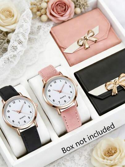 4PCS Fresh And Elegant Women's Quartz Watch Accessory Set, A Fashionable Watch Combination Featuring A Minimalist White Dial With A Rose Gold Bezel, Paired With A Black And Pink Two-Tone Matte PU Leather Strap. Accompanied By A PU Leather Wallet With A Bow Decoration, The Style Is Gentle, Delicate, And Exudes A Sweet Charm.
