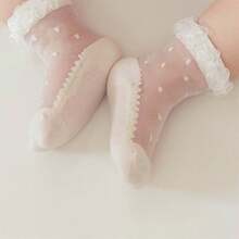 Baby Girls Ruffle Mesh Socks Sheer Dot Jacquard Frilly Ankle Socks Cute Princess Dress Socks - Beige - View 1