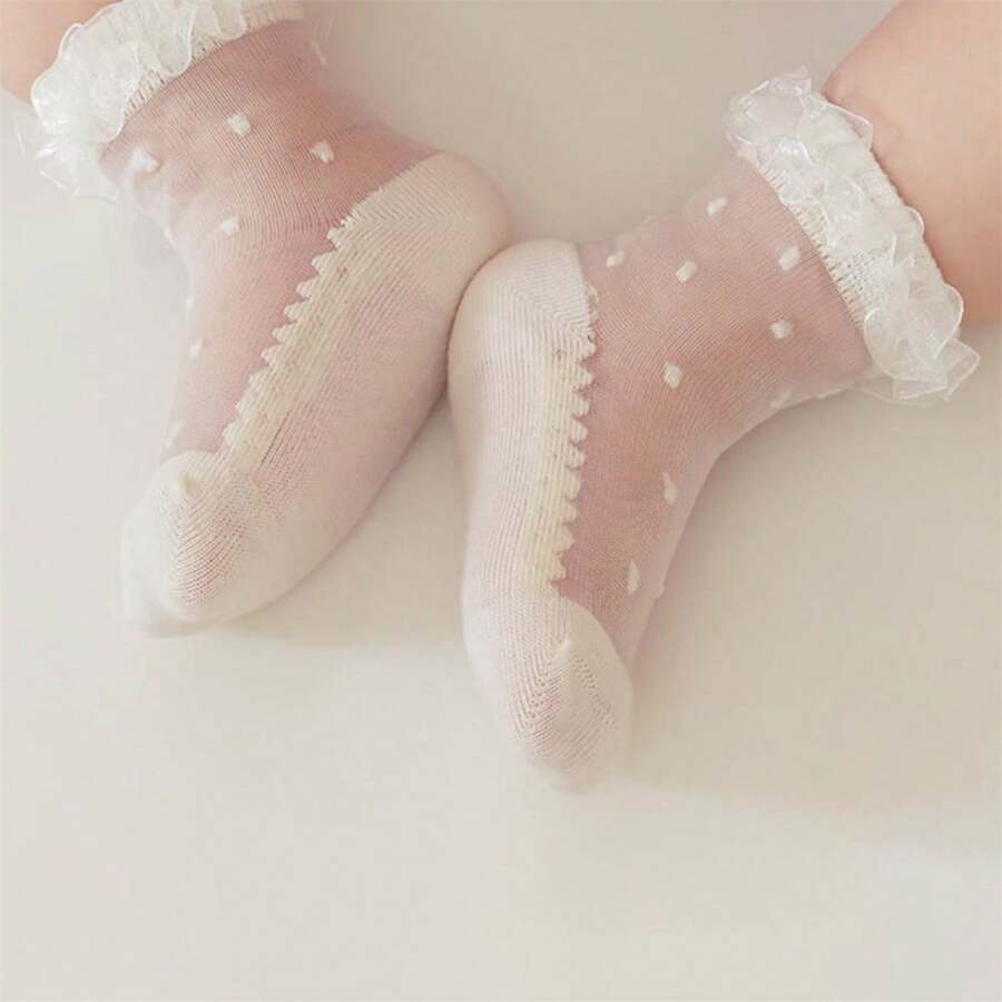 Baby Girls Ruffle Mesh Socks Sheer Dot Jacquard Frilly Ankle Socks Cute Princess Dress Socks - Beige - View 1