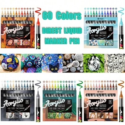 12-Color Acrylic Marker Pen Set, 5 Major Color Systems, 0.5-6mm Variable Tip, Automatic Ink Control, Waterproof & Sunproof, Suitable For Stone/Wood/Glass/Ceramic, For Art Painting/DIY Crafts/Graffiti
