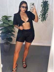 Women's Crochet Beach Cover-Up Set - Shorts And Open Polo Shirt - Elegant Knit Style - 黑色 - 查看 2