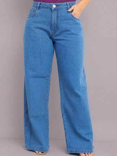 Calça Jeans Wide Leg Feminina  Pantalona Boca Larga Cintura Alta Confortável Sofisticada Elegante  Plus size
