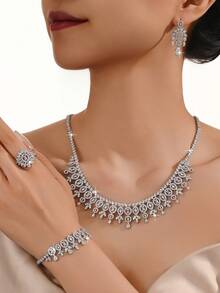 5pcs Luxury Royal Style Geometric Tassel Design Bridal Wedding Jewelry Set, Including Necklace, Bracelet, Earrings, Ring, Suitable For Daily Wedding Wear, Wedding Anniversary Gift (Comes In Gold Gift Box) - White - View 2