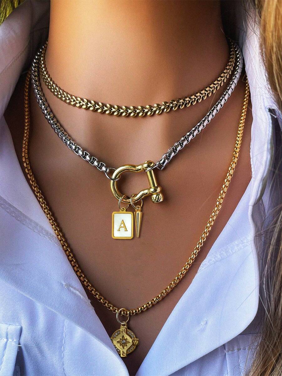 1件双色马蹄形扣项链，配有锥形吊坠和字母吊坠，以及八角星项链，散发着复古优雅的气息，适合日常时尚穿搭。 - 彩色 - 查看 1