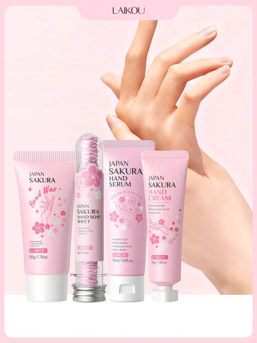 LAIKOU 1 Set Duradero Kit de Cuidado de Manos con Fragancia Japonesa Reikou Sakura (Cera de Manos Sakura 50g + Crema de Manos Sakura 30g + Esencia de Manos Sakura 50ml + Jabón de Manos Sakura 4g), Fragancia de Larga Duración, Previene la Sequedad y las Arrugas, Cuidado de Manos Blanqueador, Adecuado para Mujeres, Madres, Esposas, Hermanas, Adolescentes, Novias, Ideal para Viajes, Campamento, Senderismo, SPA al Aire Libre, También un Regalo Pensativo para Novias