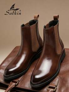 Salkin Vintage Designer Men's Chelsea Boots, Pull-On Style, Pointed Toe Design, Luxury Mid-Calf Ankle Boots, Men's Soft Genuine Leather Boots, Gentleman Business Formal Shoes, Casual Office Party Shoes, Couple's Romantic Dinner Date Gift, Back To School Student Shoes, Collegiate Style, Suggest Sizing Up One Size - Brown - View 7