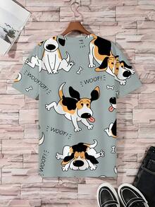 加大码男士睡衣套装 | 圆领短袖上衣搭配松紧腰休闲短裤两件套 | 涤纶针织面料，柔软透气，宽松版型 | 可爱小狗印花休闲设计 - 彩色 - 查看 3