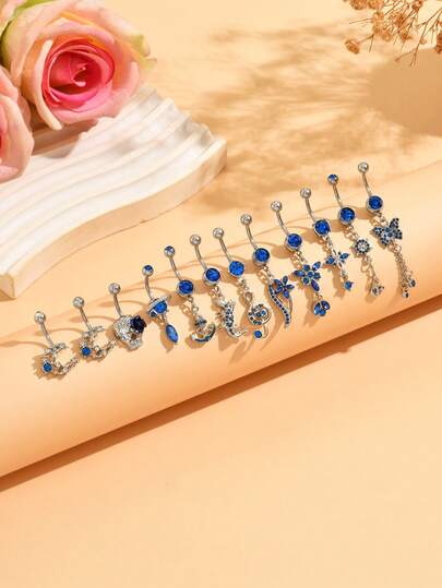 Copper Alloy Navel Ring With Blue Rhinestone, Hypoallergenic Stainless Steel, Featuring Moon, Butterfly, Planet, Music Note, Petal, Anchor, Flower Designs, Suitable As Gift For Parties, Christmas, Weddings And All Occasions