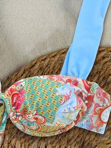 新款春夏性感花卉印花休闲优雅三件套比基尼，蓝白撞色肩带设计+高腰美人鱼长裙，沙滩假日派对必备 - 彩色 - 查看 4