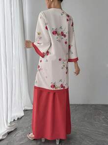 Setelan Wanita 2pcs/Set, Gaya Cina Motif Merah, Cardigan Lengan Lebar Leher Bulat & Rok A-Line Pinggang Tinggi Musim Panas - Merah - View 2