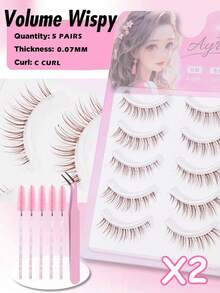 5对棕色自然款假睫毛，3D水貂毛短款浓密假睫毛，热门化妆工具，自然浓密型假睫毛，附赠睫毛夹和睫毛刷 - 棕色 - 查看 8