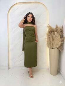Strapless Midi Dress With Cape - Verde Oliva - Ver 3