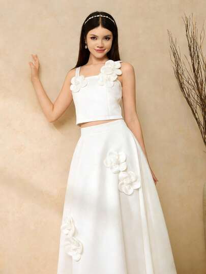 Girls Elegant Sweet Floral Decor Camisole Top + Elastic Waist Skirt 2 Pieces Set, Fashionable & Comfortable Daily Outfit