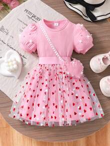 女童纯色罗纹短袖圆领水钻 T 恤 + 爱心网裙套装（配爱心斜挎包），夏季 - 粉色 - 查看 1
