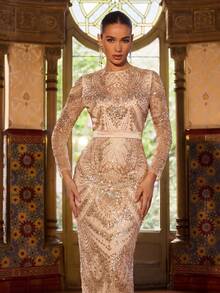 Faeriesty 女士优雅圆领亮片晚礼服 - 长袖，精致花卉几何刺绣，腰部系带设计，适合约会、沙漠婚礼、红毯晚宴及更多春季正式派对场合 - 香檳色 - 查看 11