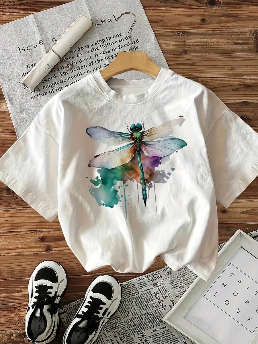 Camiseta de manga corta con cuello redondo y estampado de libélula y manchas de tinta estilo acuarela - Blanco - Ver 1