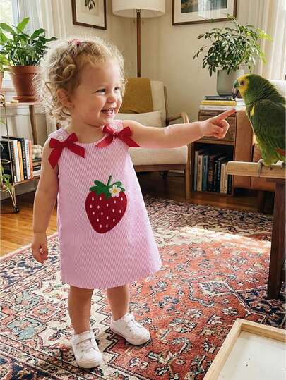 Toddler Girls Summer Dress Fashionable Strawberry Embroidery Sleeveless Round Neck Dress