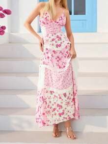 Women's Floral Dress Stylish Lace Patchwork Ruffled Trim Sleeveless Spaghetti Strap V Neck A-Line Long Dress For Summer - Pink - View 2