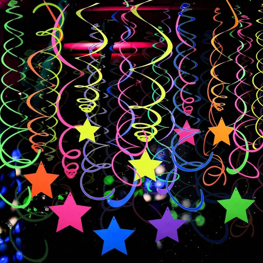 20pcs Reflective Neon Swirl Decorations - Colorful Hanging Tassels, For Ceiling, Glow-In-The-Dark Stars, Suitable For Dark Parties, Birthdays And Events, No Power Needed, Blacklight Neon Decor