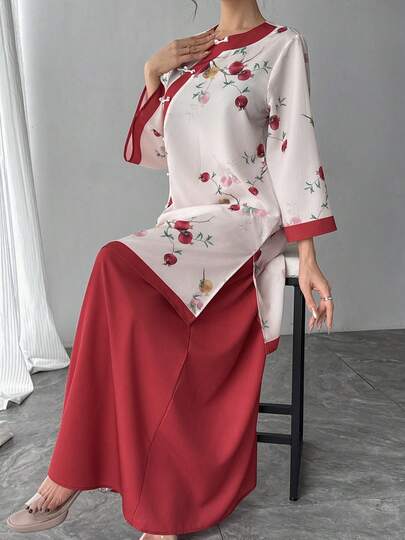 Bộ 2 món kiểu Trung Quốc thanh lịch dành cho nữ, gồm áo cardigan cổ tròn tay loe màu đỏ in họa tiết và chân váy cạp chun đỏ, thích hợp cho các dịp trang trọng, Tết Nguyên đán, Tết Nguyên đán, lễ Eid.