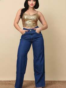 Women's Wide Leg Jeans In Lycra, Elegant, Sensual, Casual, Plus Size, 100% Cotton - 深色水洗藍 - 查看 3