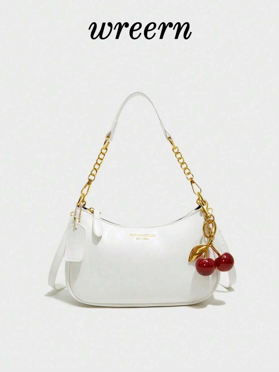 Selected Valentine's Day Gifts. The 2026 New Women's White Fashionable Texture Single Shoulder Crossbody Bag, Paired With A Red Cherry Pendant, Is A Casual And Simple Underarm Crossbody Bag That Can Be Carried On One Shoulder Or Diagonally. It Has A Wide Range Of Applications, Suitable For Leisure Shopping, Daily Commuting, Gatherings, And Parties. - 白色 - 查看 1