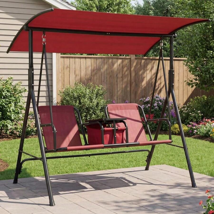 CuisinSmart 2 Person Porch Swing,Outdoor Swing With Pivot Storage Table, Cooler Bag,Patio Swing With Adjustable Canopy For Backyard Balcony Poolside - 紅色的 - 查看 1