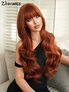 7JHH WIGS Tóc giả màu cam gừng thời trang dành cho nữ, dài 28 inch, kiểu tóc gợn sóng có mái, chất liệu sợi tổng hợp chịu nhiệt mật độ cao, kiểu tóc xoăn gợn sóng tự nhiên màu cam gừng, thích hợp cho các bữa tiệc hàng ngày, hóa trang Halloween, phụ kiện tóc giả không cần keo dán dành cho người mới bắt đầu. - gừng - Xem 6