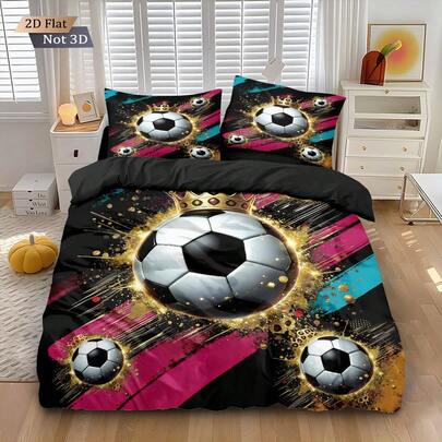 3pcs Football & Crown Digital Print Duvet Cover Set, Including 1 Duvet Cover And 2 Pillow Shams, No Filling, Soft & Comfortable Bedding, Polyester, Suitable For Indoor Decor, Home Goods, All Seasons, Great Gift For Boys, Girls, Teens