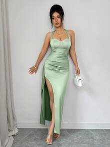 abyoxi Women's Pea Green Satin, Halter Neck Lace Up, Backless, High Split Slim Fit Long Dress, Elegant, Sexy Young Hot, Date, Formal Dinner Evening Gowns, Wedding, Birthday, Party, Bodycon Spring Summer Maxi Dresses - Pea Green - View 6