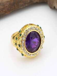 1pc Fashionable Men's Classic Elegant Luxurious Purple Zirconia Ring, Wedding Engagement Party Jewelry Gift - Gold - View 4