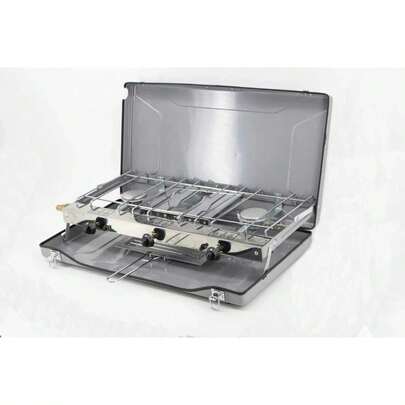 Folding Double Burner Stove And Grill Compt Gas Cooker For Camping Or Festival