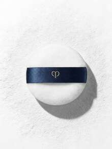 CPB Round Powder Puff With Satin Ribbon, White Velvet Texture, For Setting Makeup And Achieving Flawless Complexion - Blue and White - View 1