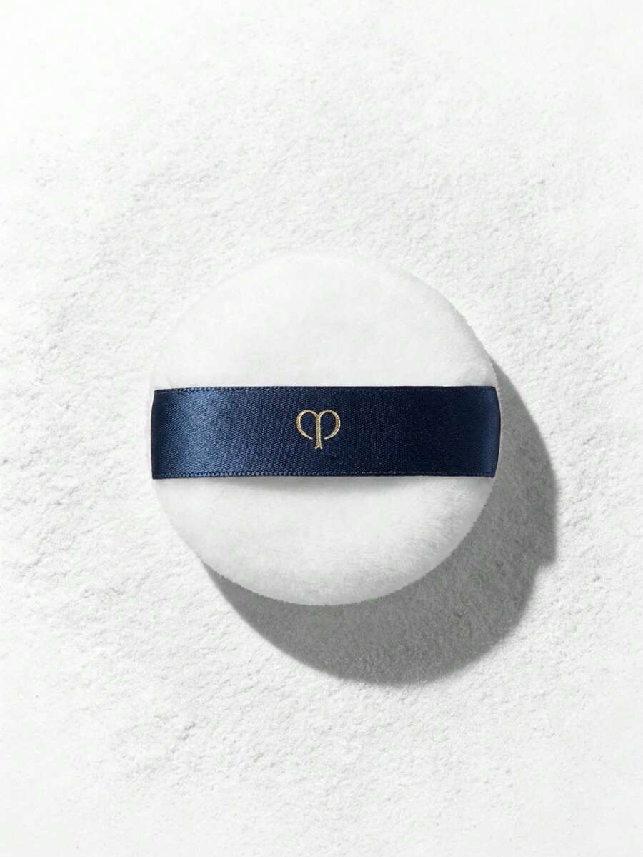 CPB Round Powder Puff With Satin Ribbon, White Velvet Texture, For Setting Makeup And Achieving Flawless Complexion - Blue and White - View 1