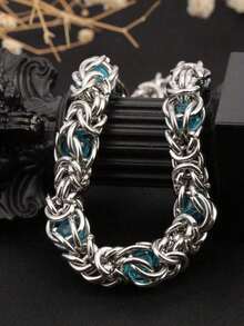 1pc Stainless Steel Silver Punk Style Exaggerated Wavy Design Artificial Sapphire & Cubic Zirconia Thick Chain Bracelet, Adjustable, Fashionable & Versatile, Suitable For Men's Daily Wear And Parties, Great Gift For Boyfriend, Brother LWLX - Wave-shaped Sapphire Bracelet - View 4