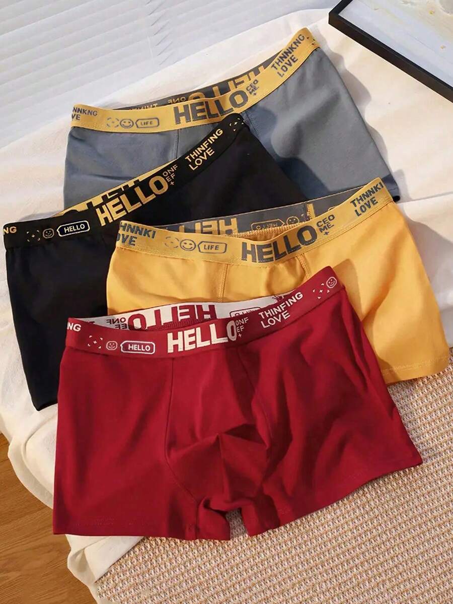 Courvante 3pcs Men's Boxer Briefs, Asymmetrical Waistband With "HELLO" Letter, Soft & Comfortable, Loungewear & Underwear Random Pieces - Multicolor - View 1