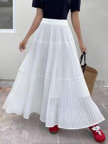EARO Flowy White Pleated Skirt, Women's Fashion Long Fabric A-Line Skirt, Chiffon Draping Elegant & Versatile - White - View 5