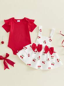 Conjunto de 2 piezas de verano para niñas pequeñas, mono liso de manga corta y mono con estampado de cerezas, ropa bonita para uso diario, ideal para 1 a 18 meses - Rojo - Ver 6