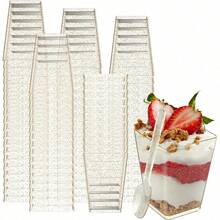 50个5盎司金色闪光迷你甜点杯，带勺子，塑料芭菲杯，方形甜点杯，适合派对、布丁、奶酪和芝士蛋糕慕斯 - 金色 - 查看 12