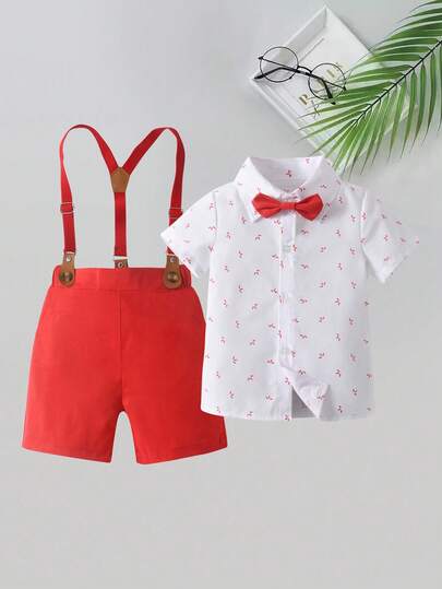 BOARNSEORL Baby Boys Gentleman Outfit Short Sleeve Shirt With Bow Tie And Overalls Shorts, Fashionable & Dapper For 1st Birthday Party, Wedding, Daily Wear